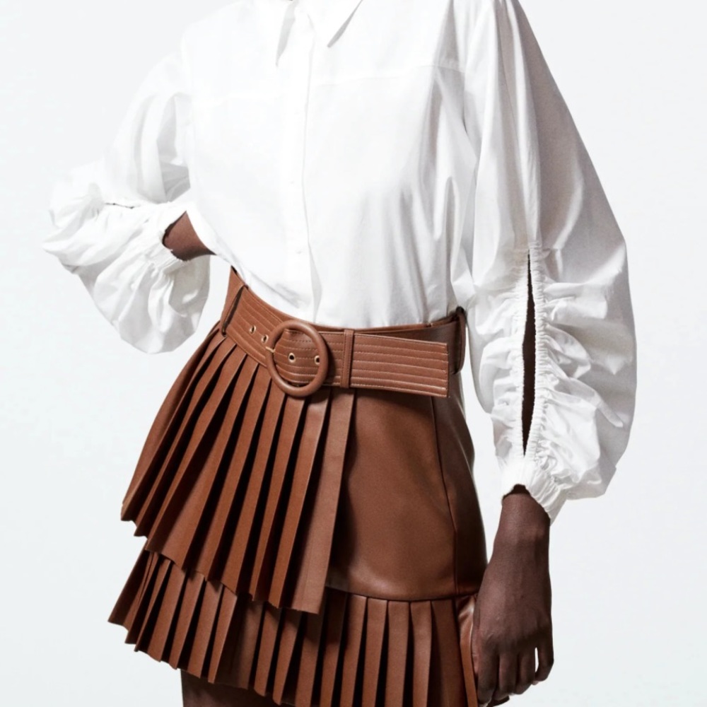 Zara Brown Leather Pleated Skirt